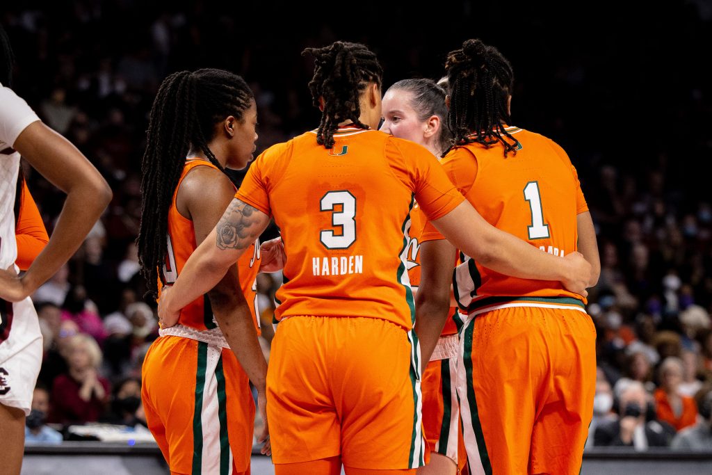 Miami women's basketball student-athletes Destiny Harden, Kelsey Marshall, Moulayna Sidi Baba and Karla Erjavec discuss in eighth-seeded Miami's 49-33 loss to No. 1 seed South Carolina on Sunday, March 20, 2022 at Colonial Life Arena.