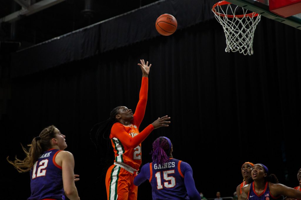 Junior forward Lola Pendande lays up the ball during the first quarter of Miami’s game versus Clemson in The Watsco Center on Feb. 27, 2022.
