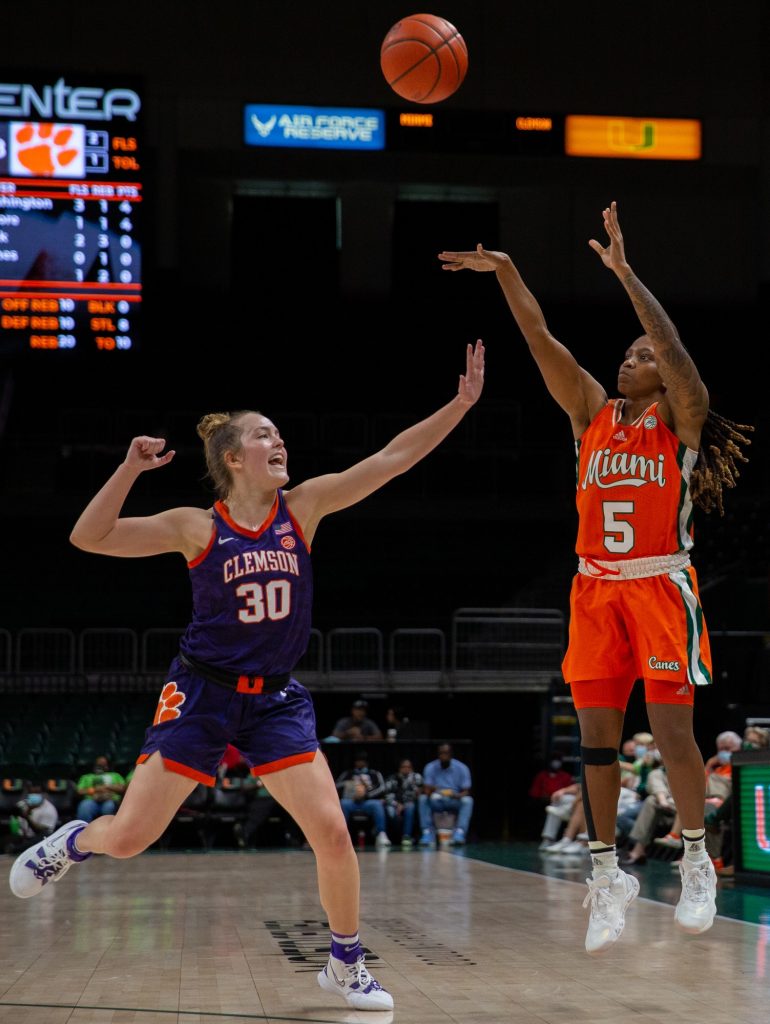 Senior guard Mykea Gray shoots a jump shot during the second quarter of Miami’s game versus Clemson in The Watsco Center on Feb. 27, 2022.