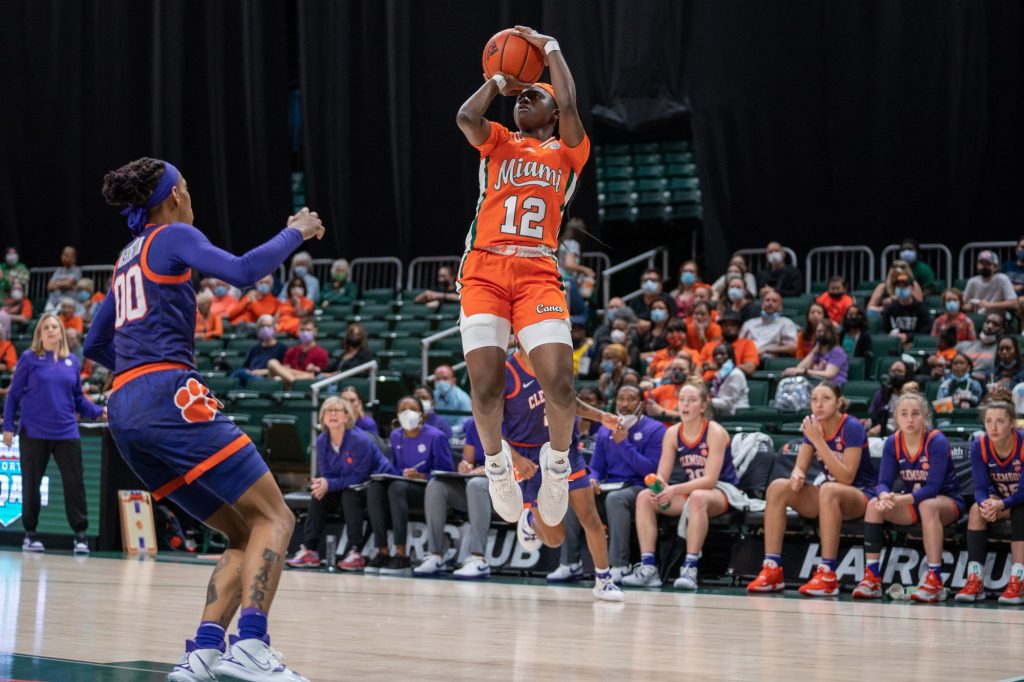 Freshman guard Ja’Leah Williams shoots a jump shot during the first quarter of Miami’s game versus Clemson in The Watsco Center on Feb. 27, 2022.