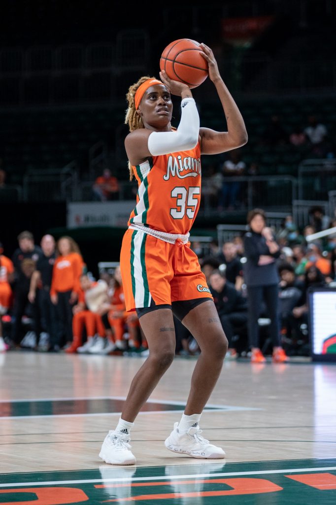 Senior forward Naomi Mbandu shoots a free throw during the first quarter of Miami’s game versus Clemson in The Watsco Center on Feb. 27, 2022.