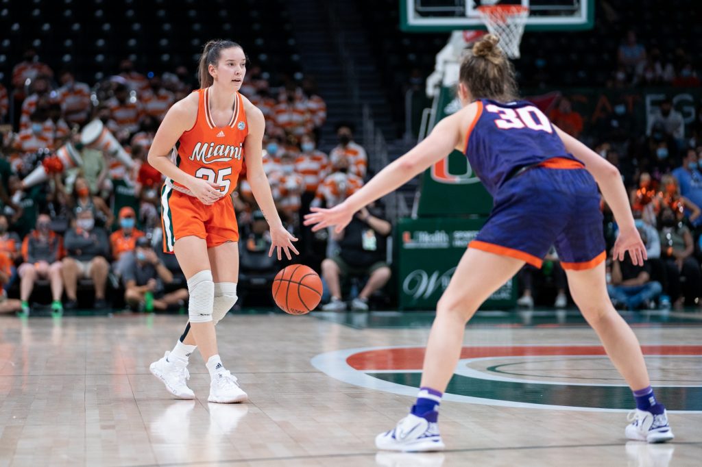 Senior guard Karla Erjavec brings the ball downcourt during the first quarter of Miami’s game versus Clemson in The Watsco Center on Feb. 27, 2022.