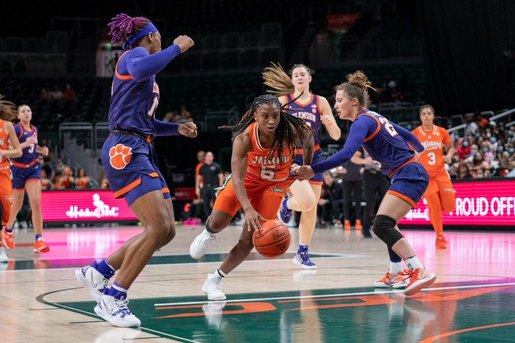Senior guard Mykea Gray drives to the basket during the second quarter of Miami’s game versus Clemson in The Watsco Center on Feb. 27, 2022.