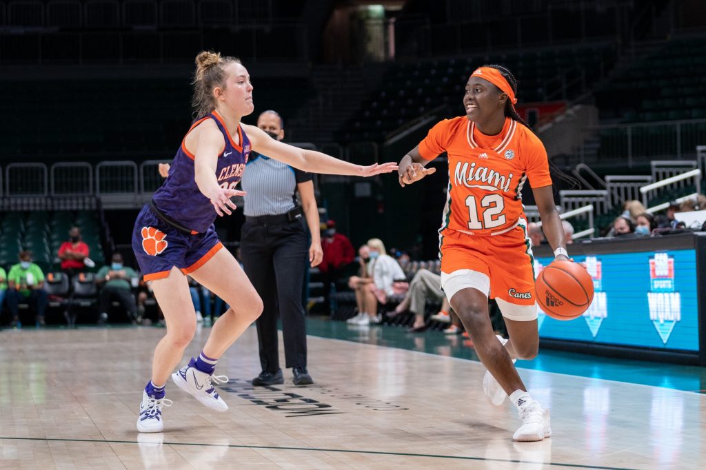 Freshman guard Ja’Leah Williams drives to the basket during the fourth quarter of Miami’s game versus Clemson in The Watsco Center on Feb. 27, 2022.
