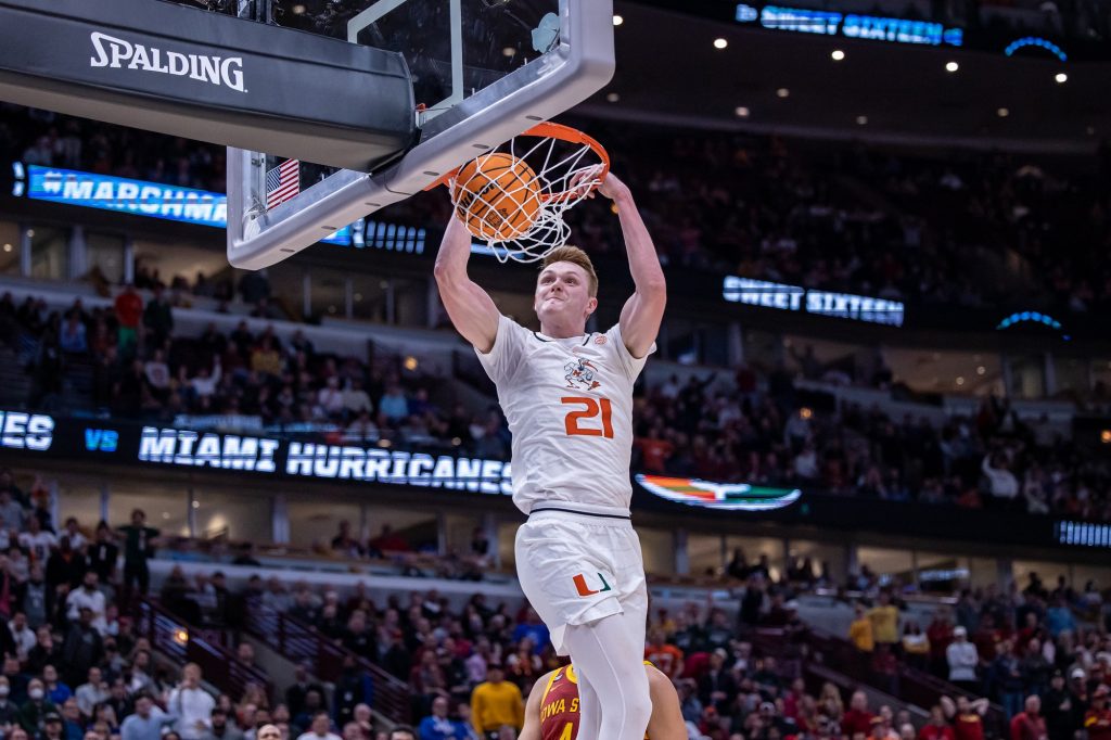 Sixth-year redshirt senior Sam Waardenburg scores a fast-break dunk during the second half of Miami's win over Iowa State at the United Center in Chicago, Illinois on Friday, March 25, 2022. Waardenburg finished the game with 13 points and eight rebounds.