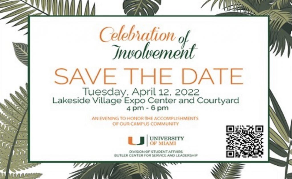 The Butler Center’s will recognize University of Miami student leaders for their service and contributions on April 12 during the annual Celebration of Involvement.