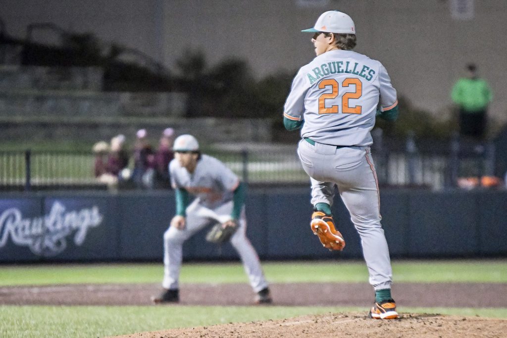 Junior right-handed reliever Anthony Arguelles pitches in a 12-5 Miami loss to Virginia Tech at English Field in Blacksburg, Virginia.
