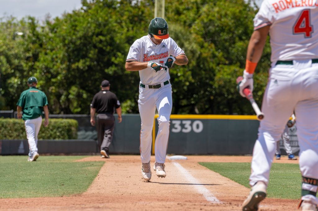 Sophomore infielder Yohandy Morales heads home after hitting a home run in the bottom of the 4th inning of Miami’s game versus the University of Pittsburgh at Mark Light Field on April 24, 2022.