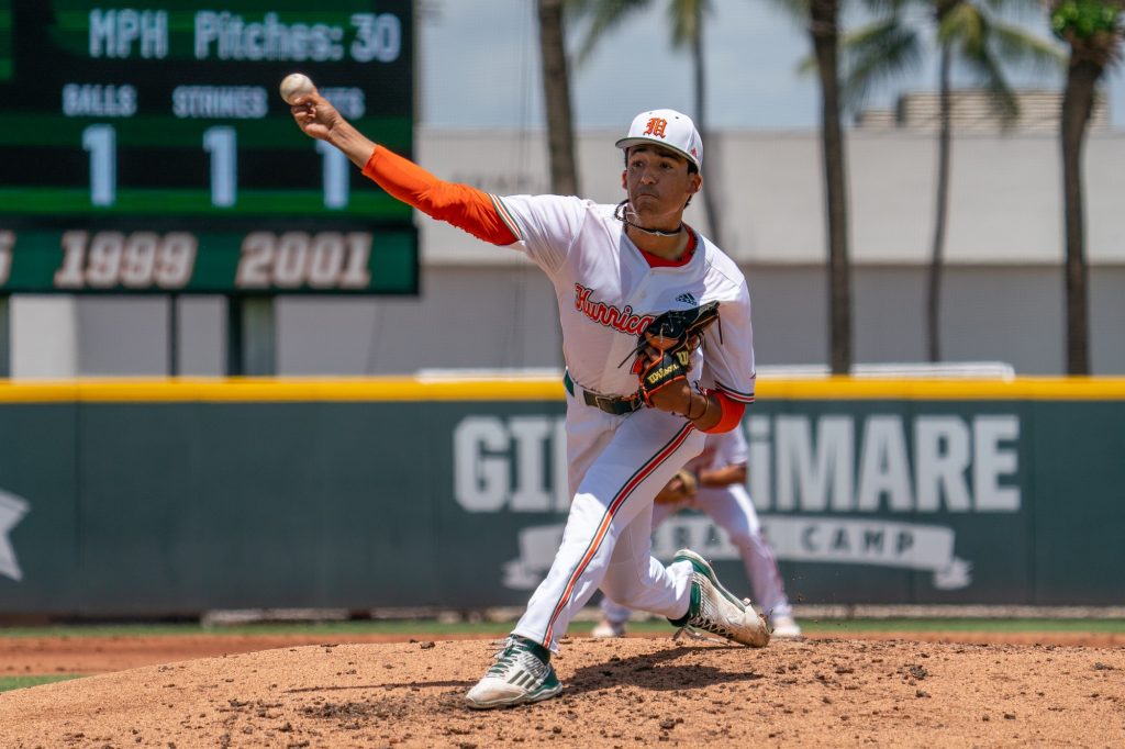 Sophomore right-handed pitcher Alejandro Rosario pitches at the top of the second inning of Miami’s game versus the University of Pittsburgh at Mark Light Field on April 24, 2022.