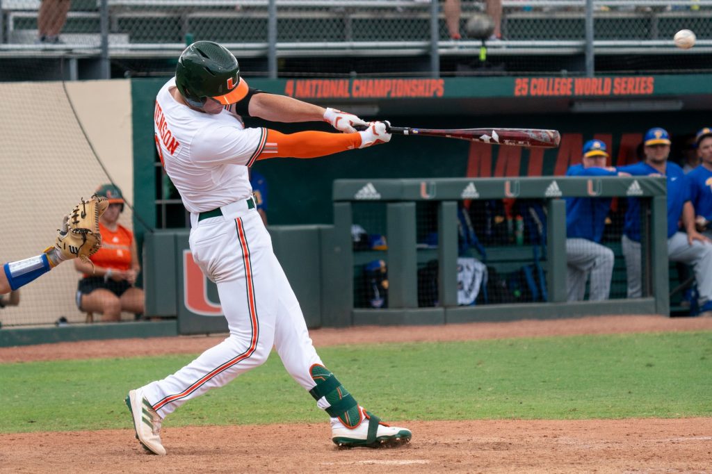 Freshman outfielder Zach Levenson hits a three-run home run in the bottom of the ninth inning of Miami’s game versus the University of Pittsburgh at Mark Light Field on April 24, 2022.