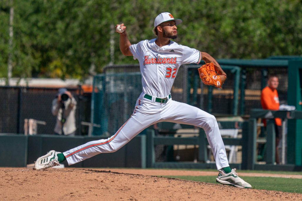 Sophomore pitcher Ronaldo Gallo pitches at the top of the seventh inning of Miami’s game versus the University of Virginia at Mark Light Field on April 10, 2022.