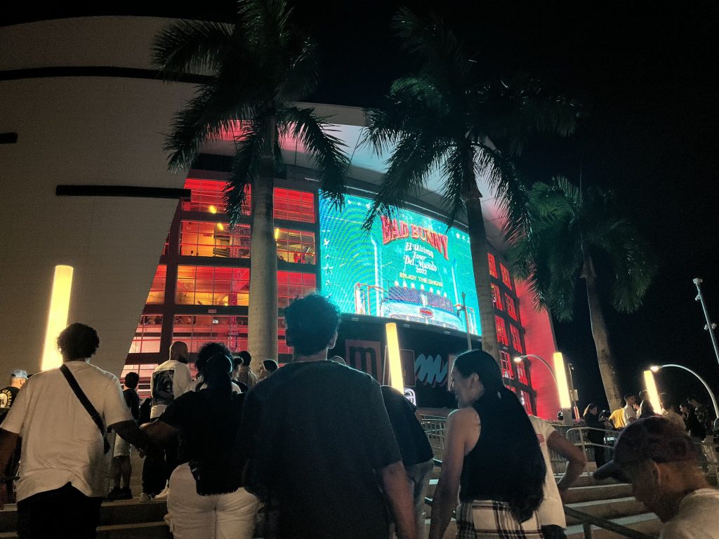 The entrance to Miami's FTX Arena ahead of Bad Bunny's performance on April 2