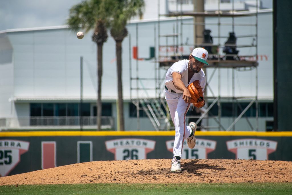 Sophomore right-handed pitcher Ronaldo Gallo pitches during Miami's Sunday loss to the University of Pittsburgh at Mark Light Field on April 24, 2022.