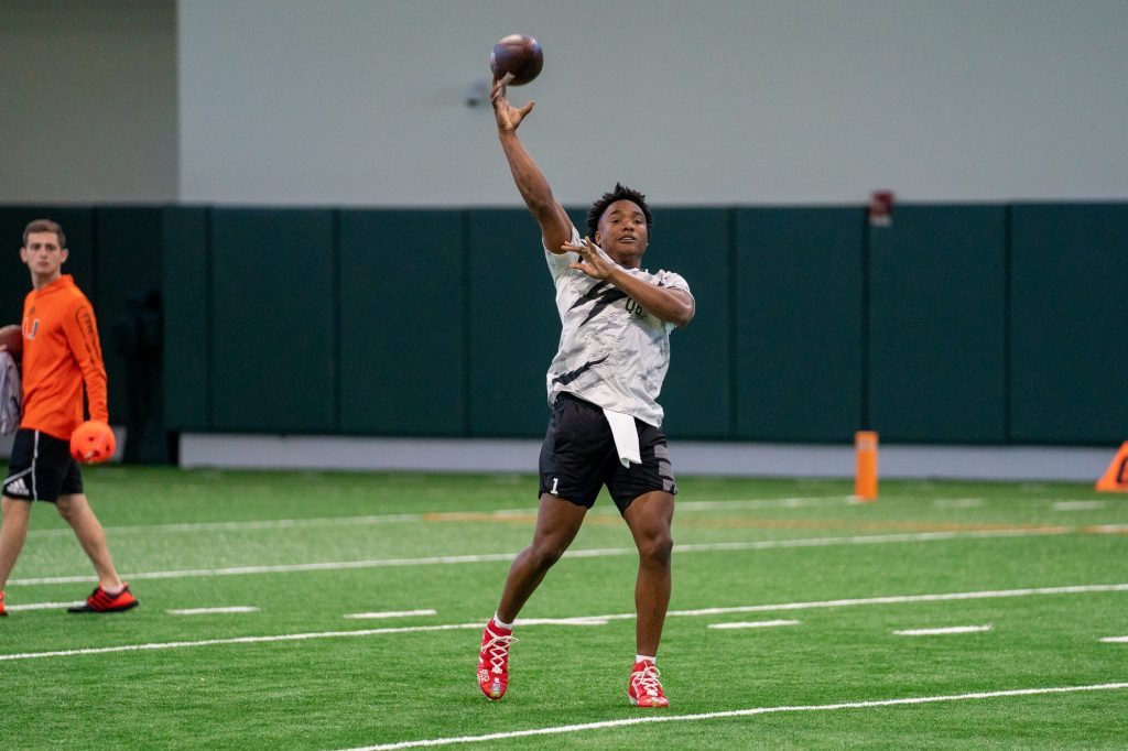 Quarterback D’Eriq King throws a pass during Miami’s Pro Day in the Carol Soffer Indoor Practice Facility on March 30, 2022.