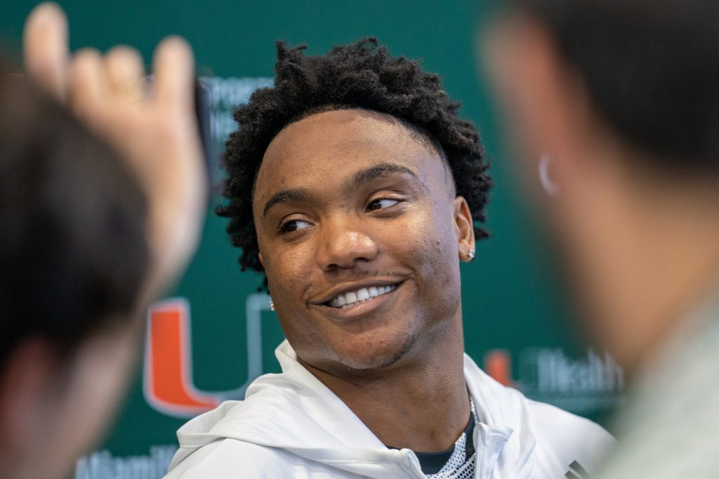 Quarterback D’Eriq King listens to a question during Miami’s Pro Day in the Carol Soffer Indoor Practice Facility on March 30, 2022.