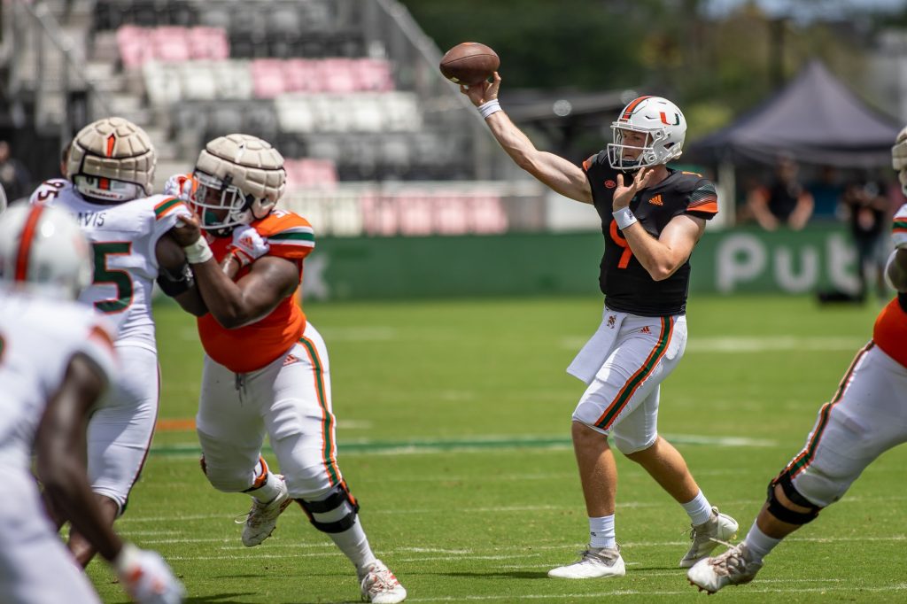 Third-year sophomore quarterback Tyler Van Dyke throws a pass during Miami's Spring game at DRV PNK Stadium on April 16, 2022.