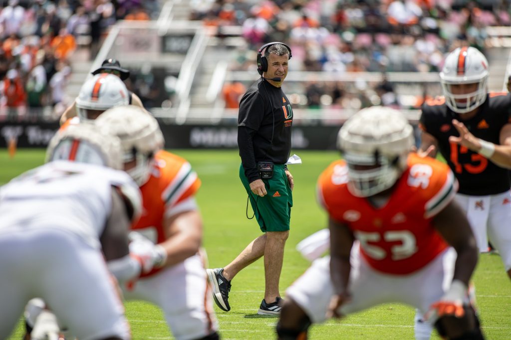 Head coach Mario Cristobal watches the action during Miami's Spring Game at DRV PNK Stadium on April 16, 2022.