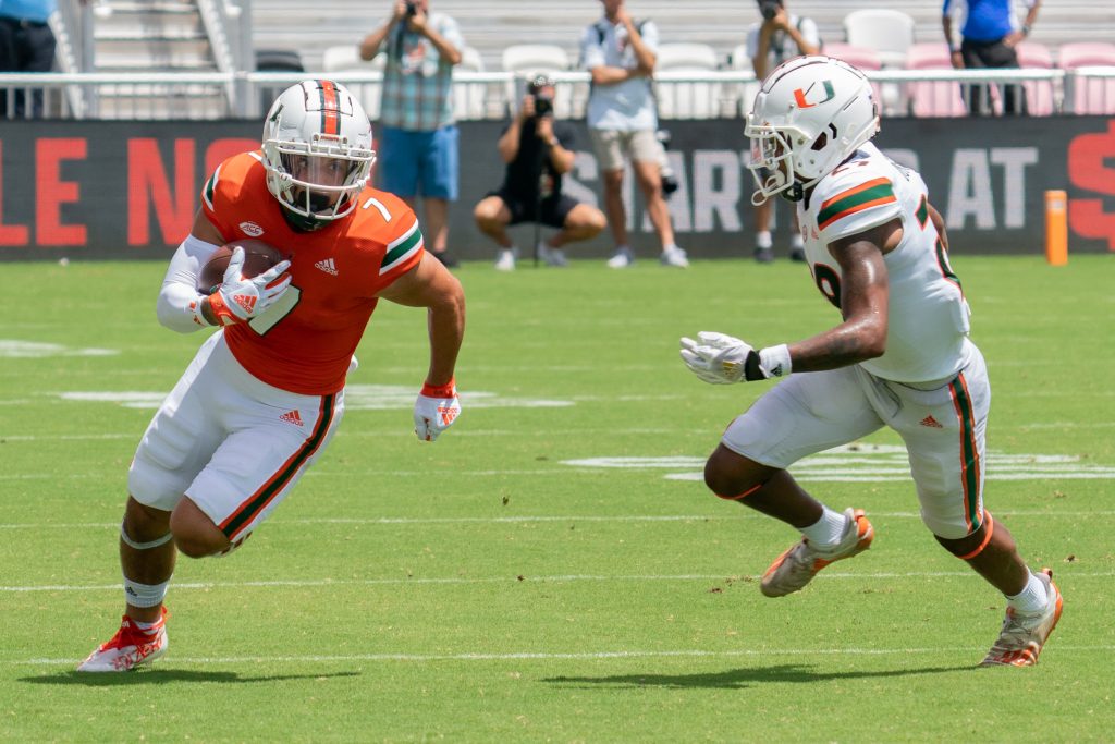 Third-year sophomore wide receiver Xavier Restrepo runs after catching the ball during Miami's Spring Game at DRV PNK Stadium on April 16, 2022.