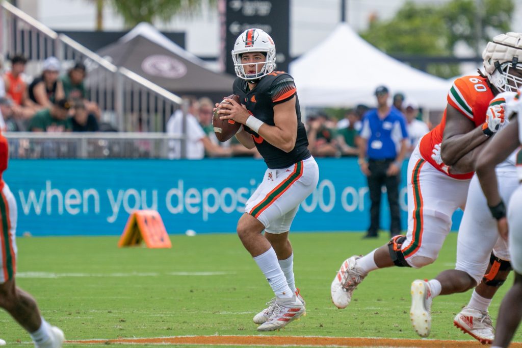 Redshirt freshman quarterback Jake Garcia scans downfield for an open receiver during Miami's Spring Game at DRV PNK Stadium on April 16, 2022.