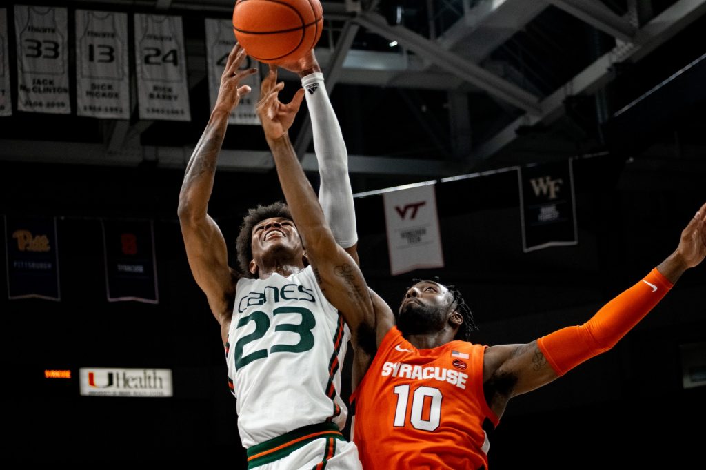 Sixth-year redshirt senior Kameron McGusty attempts a layup in an 88-87 Miami win against Syracuse on Wednesday, Jan. 5, 2022 at the Watsco Center.