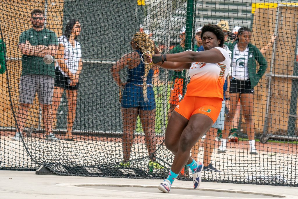 Fifth-year senior Debbie Ajagbe competes in the Women’s Hammer Throw at the Hurricane Alumni Invitational Meet at Cobb Stadium on April 8, 2022.