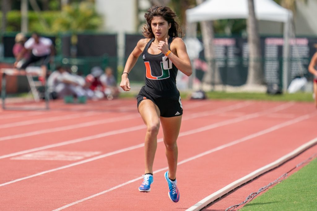 Redshirt sophomore Daphnee Lavassas competes in the Women’s 1500m at the Hurricane Alumni Invitational Meet at Cobb Stadium on April 9, 2022