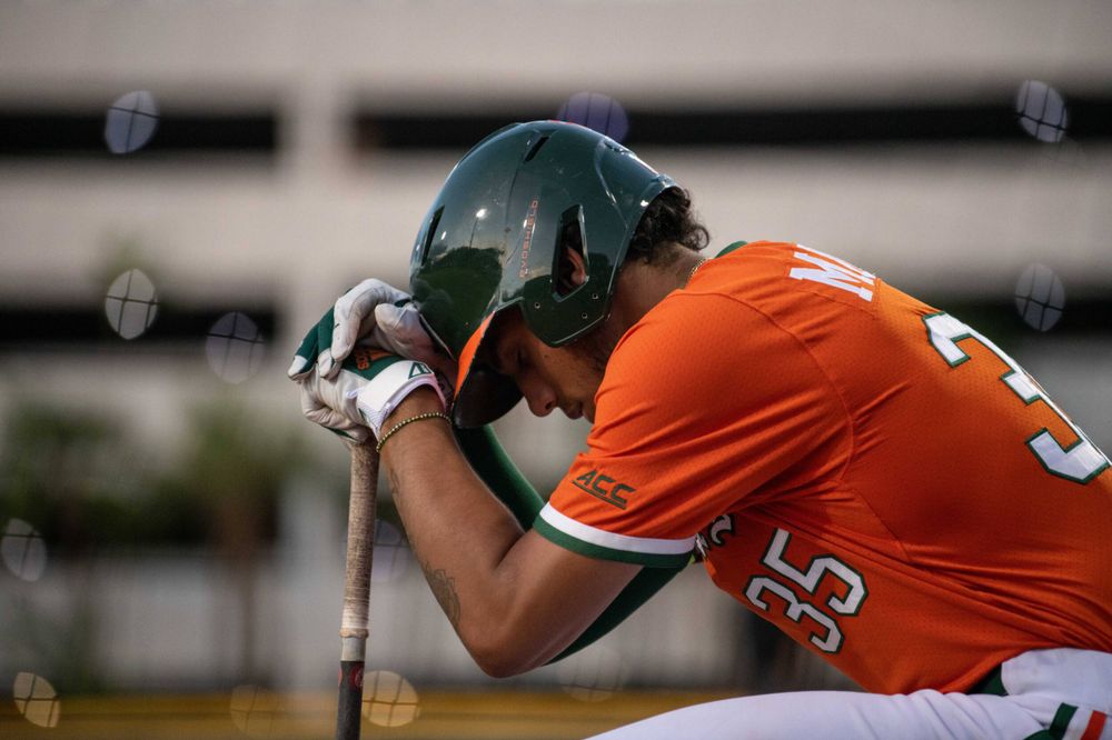 Sophomore third baseman Yohandy Morales prepares for an at-bat in No. 2 Miami's 7-6 win over Florida Atlantic on Tuesday, April 12, 2022 at Mark Light Field.