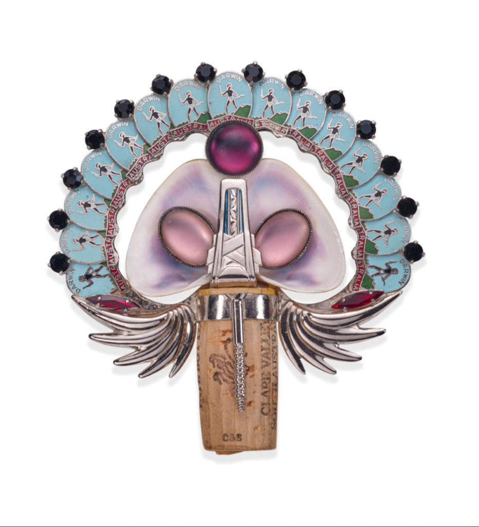 Pierre Cavalan’s Brooch, created in 1995, is on display in the “Force of Nature” collection through June 5. It is composed of a corkscrew, shells, charms and found objects.