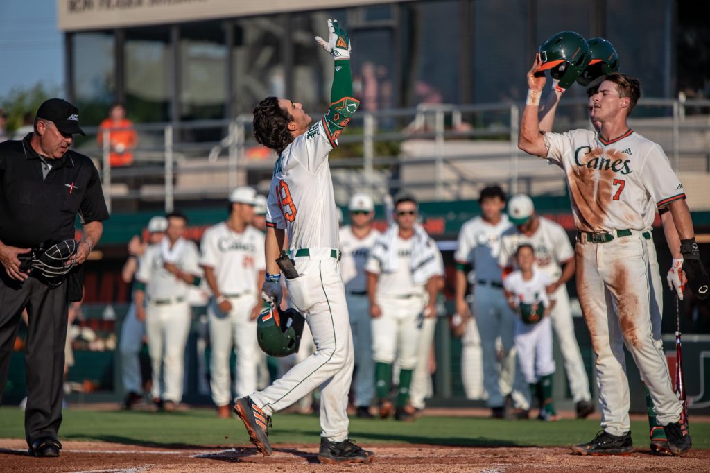 Freshman Edgardo Villegas celebrates after hitting a home run during Miami's 17-1 victory over FIU on Wednesday, April 6, 2022 at Mark Light Field. Villegas hit two home runs and batted 3-4.
