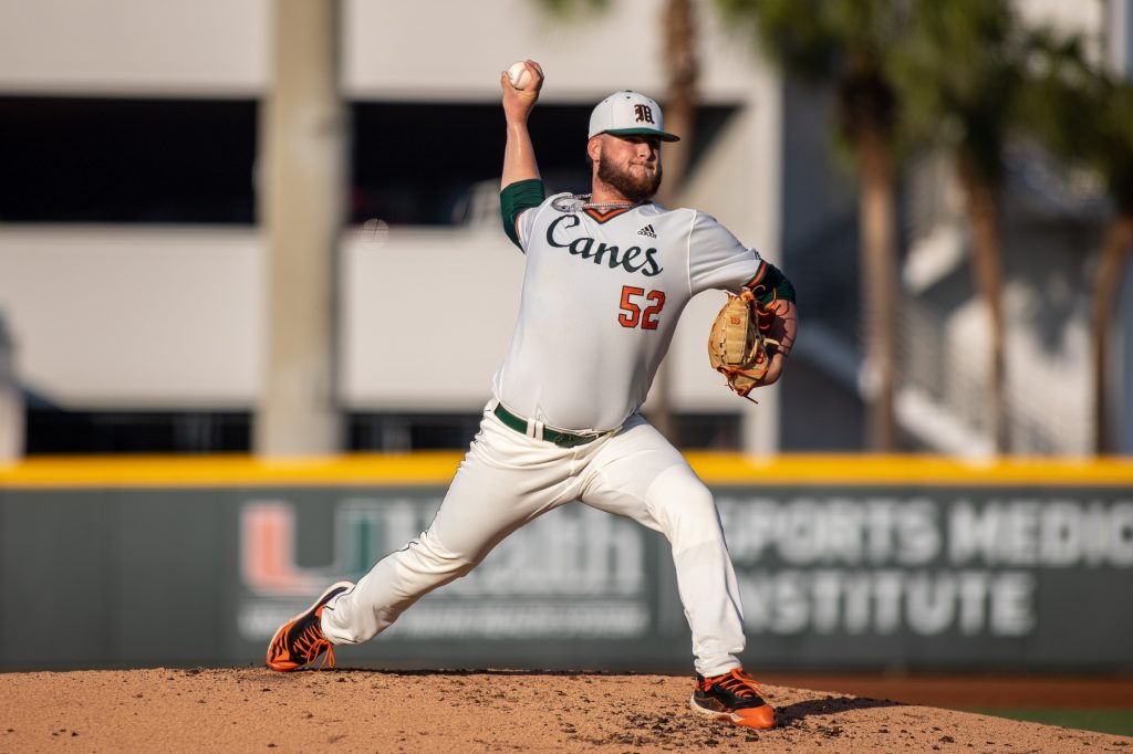 Sophomore pitcher Jake Garland throws a pitch during his eight inning outing against FIU on Wednesday, April 6, 2022 at Mark Light Field. Garland recorded six strikeouts while only giving up one run.