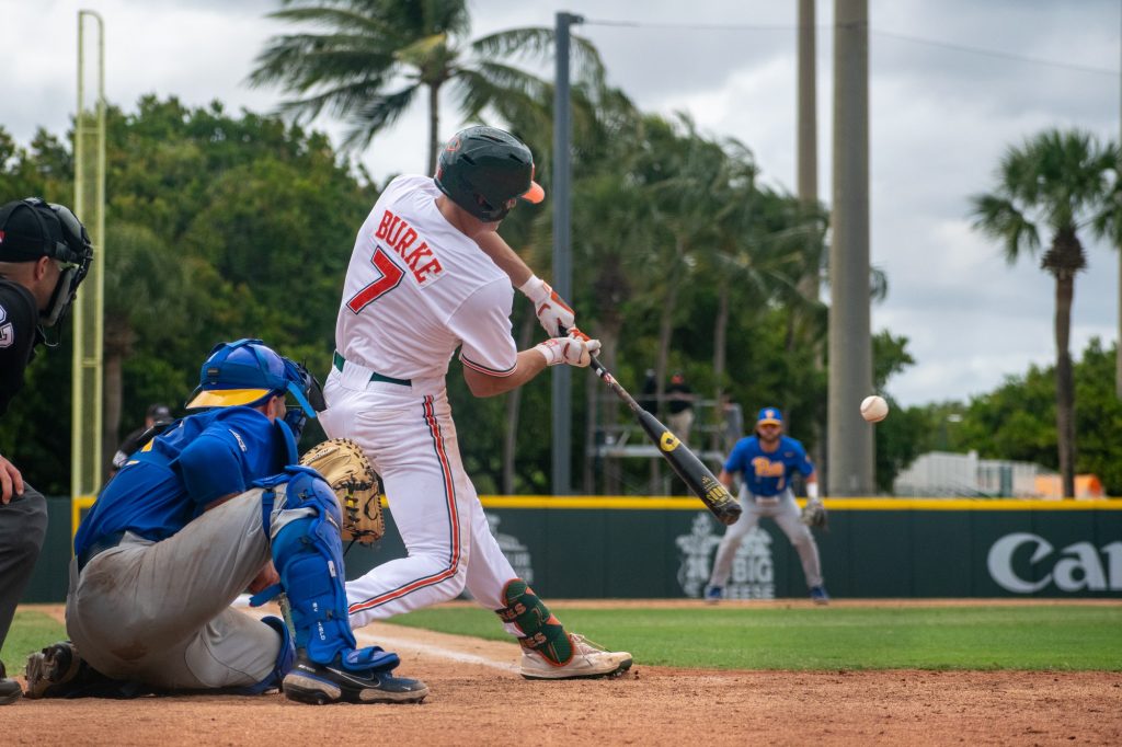 Sophomore outfielder Jacob Burke hits a ball during Miami's 9-4 loss to the University of Pittsburgh on Sunday April 24, 2022 at Mark Light Field.