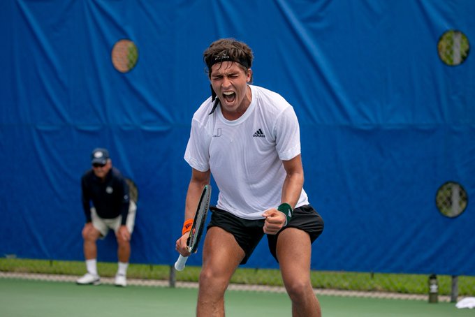 Fourth-year junior Franco Aubone celebrates during Miami's match against South Florida on May 6. at the Alfred A. Ring Tennis Complex in Gainesville, Fla.