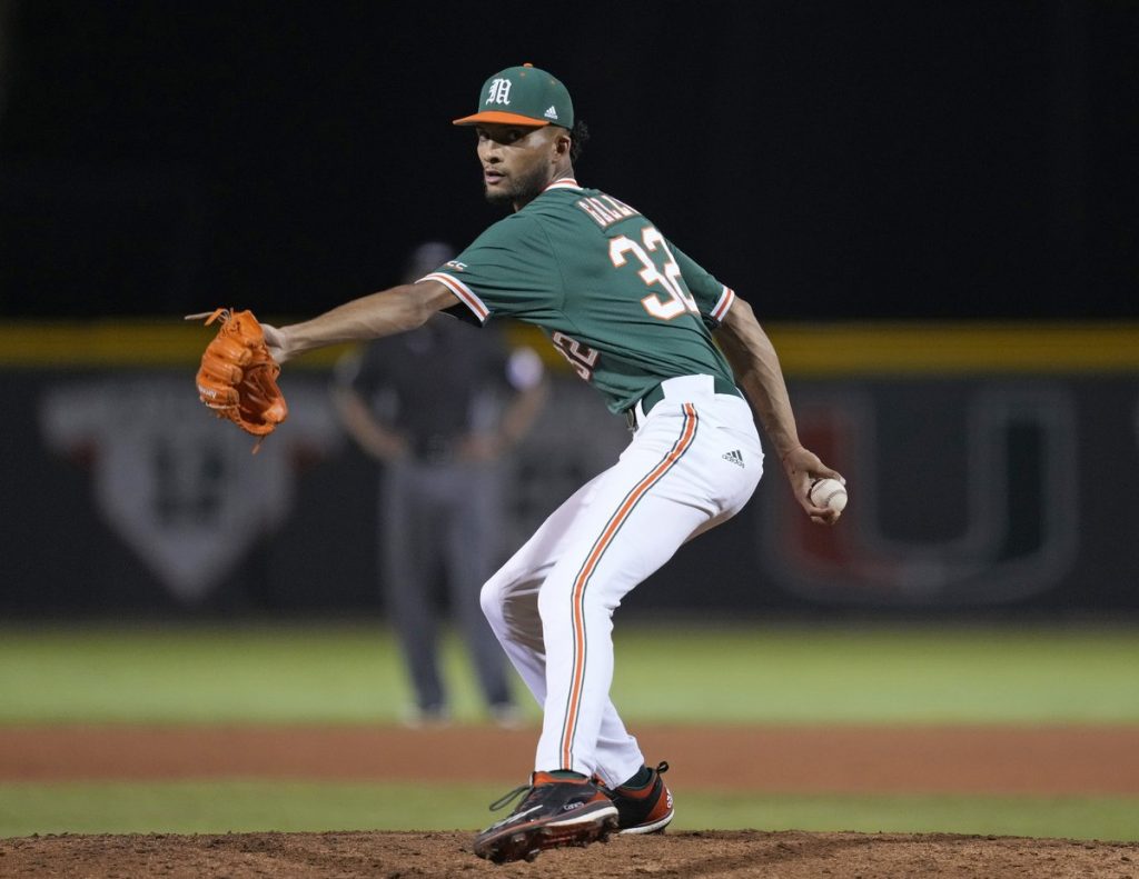 Relief pitcher Ronaldo Gallo pitches during No. 9 Miami's 5-0 loss against No. 14 Notre Dame at Mark Light Field on Friday, May 20, 2022.