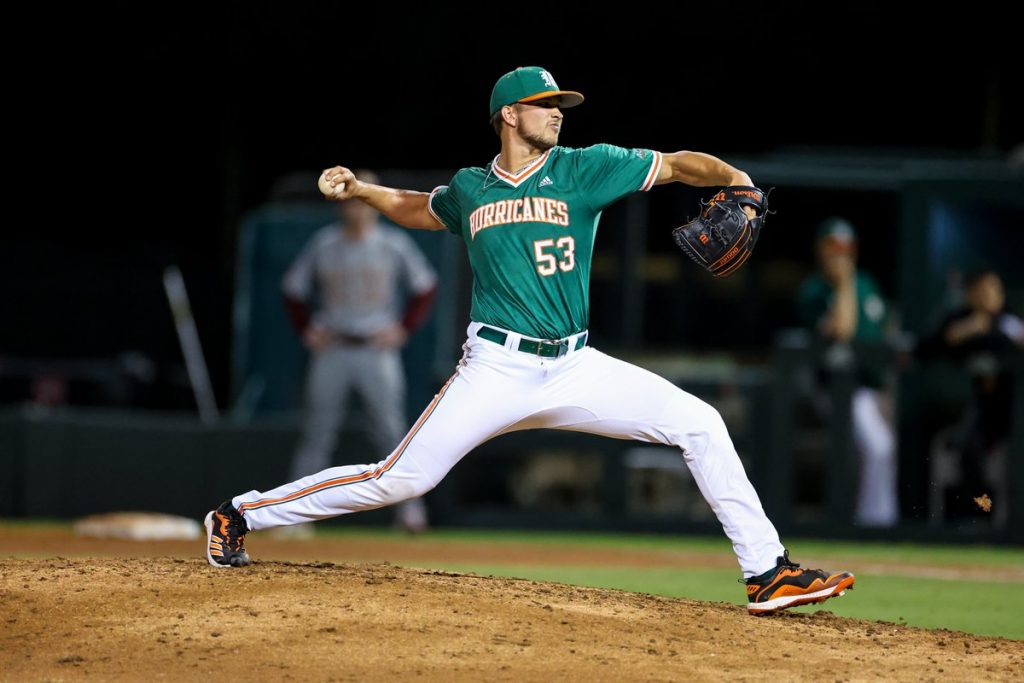 Relief pitcher Jordan Dubberly pitches during No. 9 Miami's 5-0 loss against No. 14 Notre Dame at Mark Light Field on Friday, May 20, 2022.