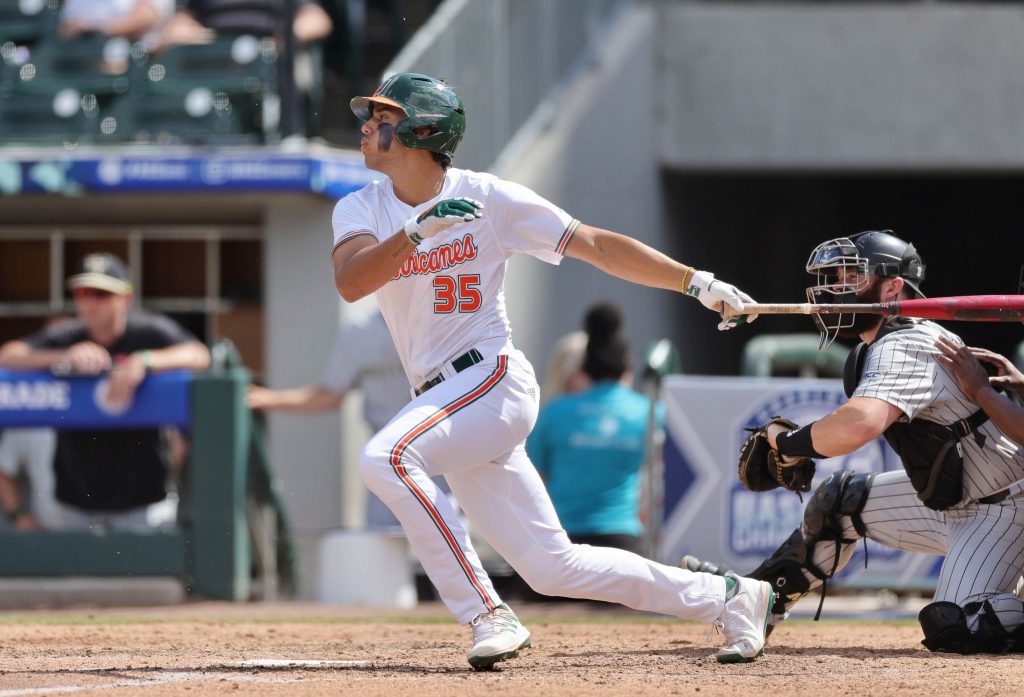 Sophomore third baseman Yohandy Morales grounds out in Miami's 16-3 loss to Wake Forest at the ACC Baseball Tournament on Friday, May 27, 2022 at Truist Field in Charlotte, North Carolina.