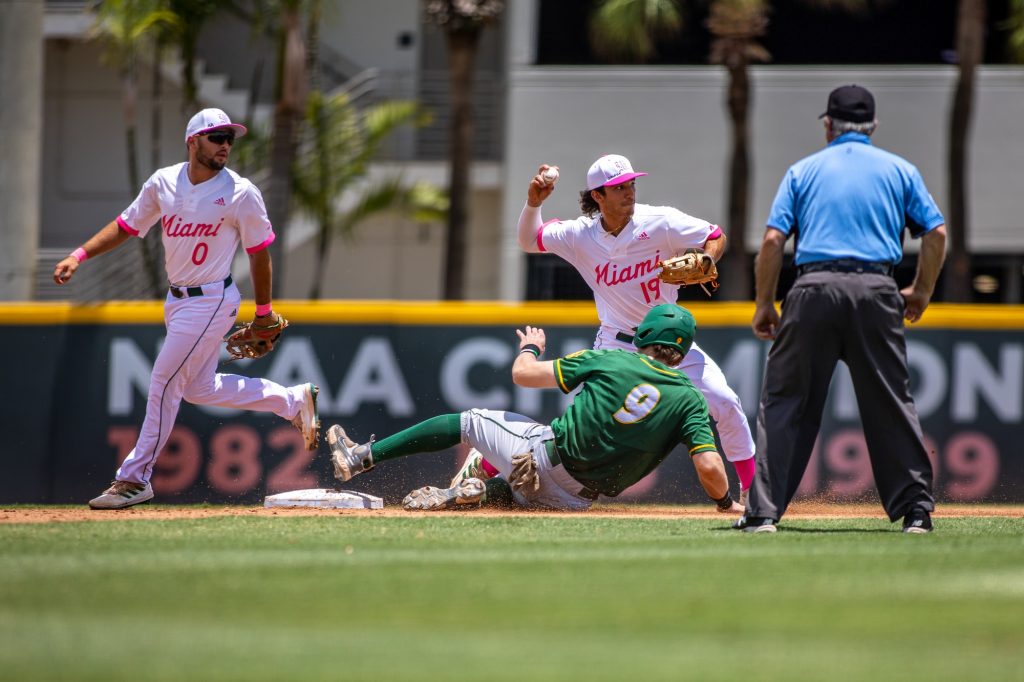 Sophomore Dominic Pitelli throws the ball to first place to give Miami the double play in Miami's 6-4 victory of North Dakota State on Sunday, May 8, 2022 at Mark Light Field.