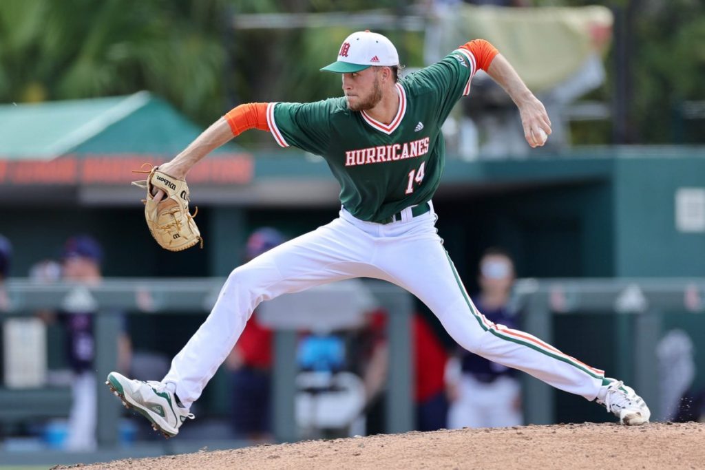 Starting pitcher Carson Palmquist pitches during Miami's 2-1 loss against Ole Miss at Mark Light Field on Sunday, June 5, 2022.