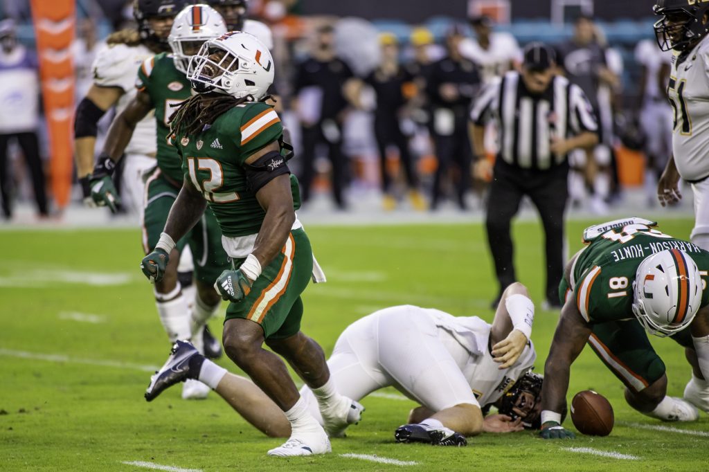Then-redshirt freshman Jahfari Harvey celebrates after recording Miami’s only sack of the game early in the first quarter against Appalachian State at Hard Rock Stadium on Saturday Sept. 11.