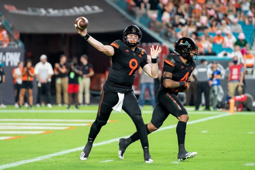 Then-freshman quarterback Tyler Van Dyke throws a pass in the second quarter of Miami’s game versus NC State University at Hard Rock Stadium on Oct. 23, 2021.