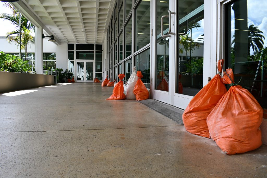 Sandbags line the walkways next to Whitten University Center on Aug. 31, 2019.