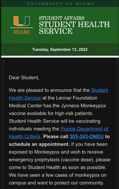 Students Health Service sends informs students about Monkeypox vaccine availability on September 15, 2022.