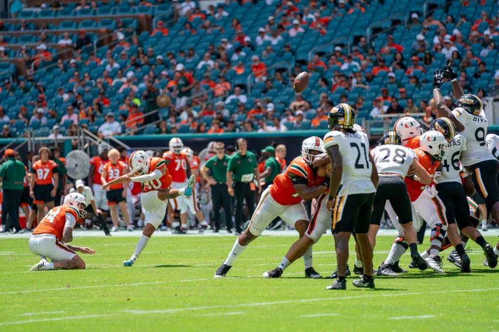 Sophomore kicker Andres Borregales kicks a PAT during the first quarter of Miami’s game versus the University of Southern Mississippi at Hard Rock Stadium on Sept. 10, 2022.