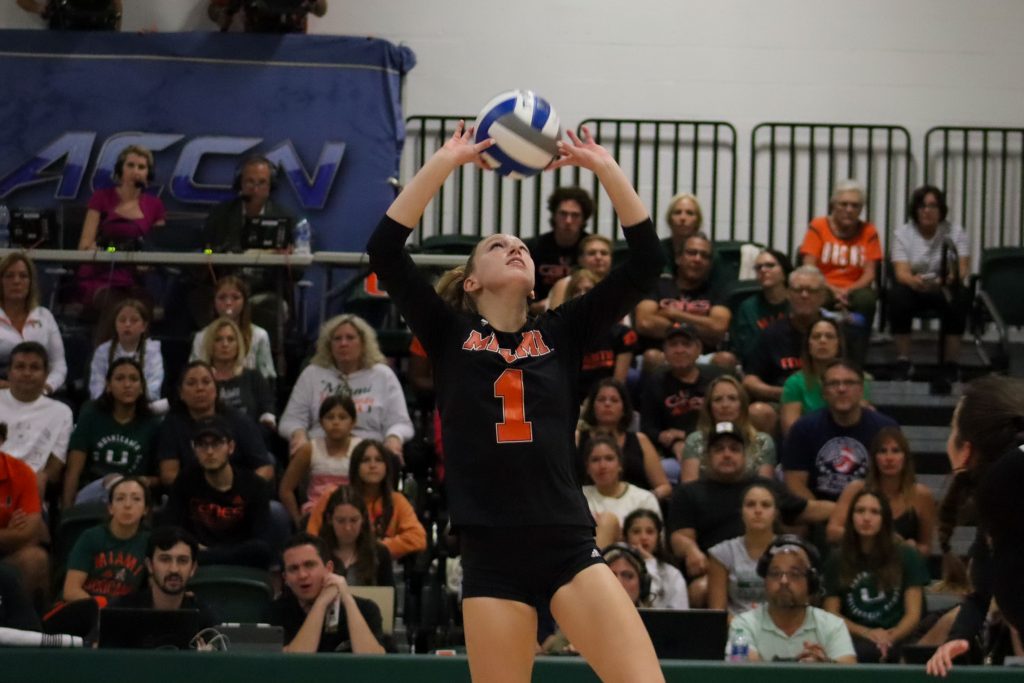 Senior setter Savannah Vach sets the ball up to her middle hitter on Sept. 18 at the Knight Sport Complex.