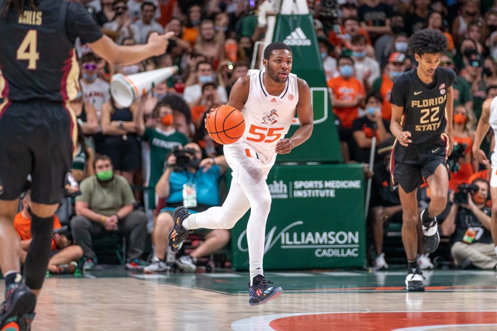 Freshman guard Wooga Poplar brings the ball downcourt during the first half of Miami’s game versus Florida State in the Watsco Center on Jan. 22, 2022.