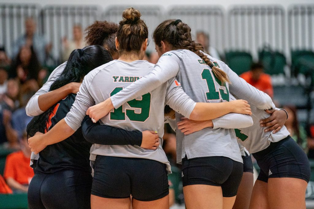 ‘Canes players huddle before their match versus the University of South Carolina in the Knight Sports Complex on Sept. 16, 2022.