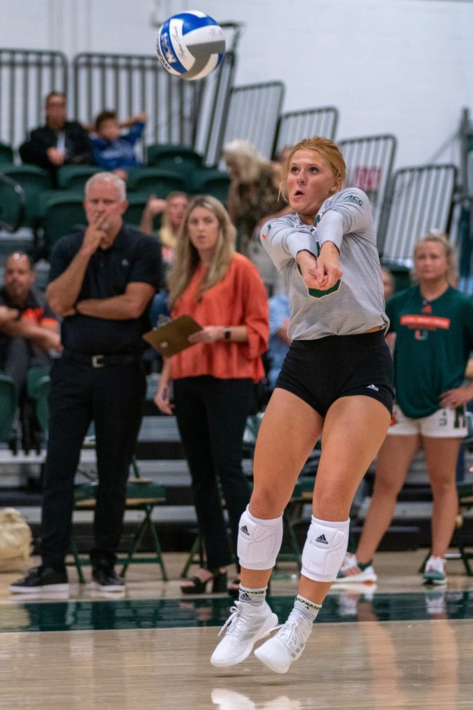 Freshman libero Milana Moisio bumps the ball during the first set of Miami’s match versus the University of South Carolina in the Knight Sports Complex on Sept. 16, 2022.