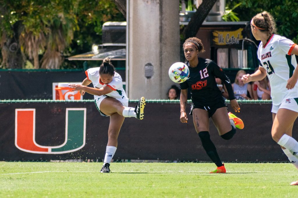 Graduate student forward Chloe O'Neill shoots the ball during Miami's 2-1 win over Oklahoma State on Sept. 3 at Cobb Stadium.