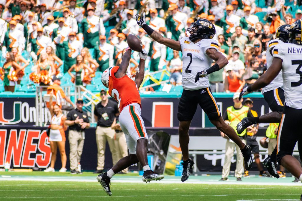Sophomore wide reciever Brashard Smith catches a pass during Miami's 30-7 win over the Southern Miss Golden Eagles on Sept. 10 at Hard Rock Stadium.