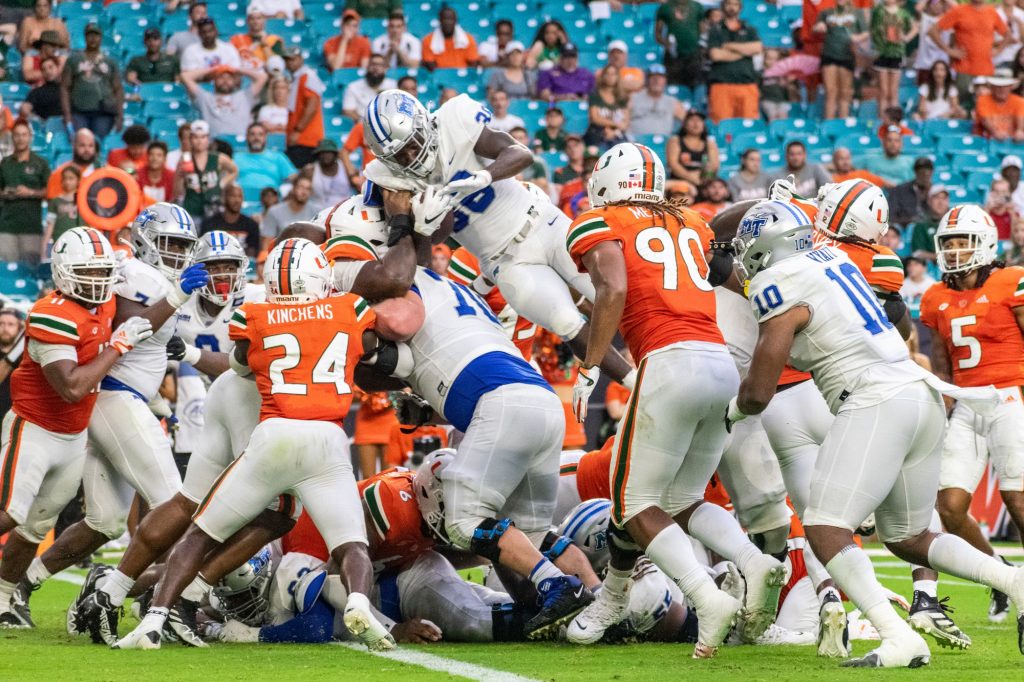 Middle Tennessee State attempts to score a touchdown but is shut down by Miami on Sept. 24, 2022 at Hard Rock Stadium.