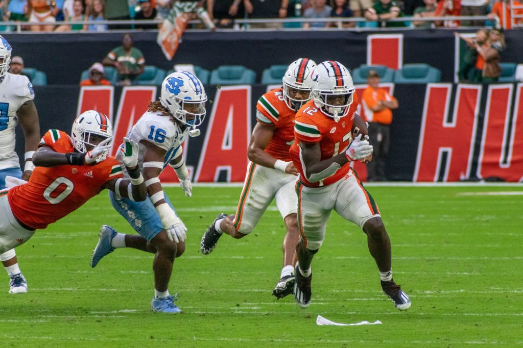 Sophomore wide receiver Brashard Smith runs the ball during Miami's game against the University of North Carolina on Oct. 8 at Hard Rock Stadium.